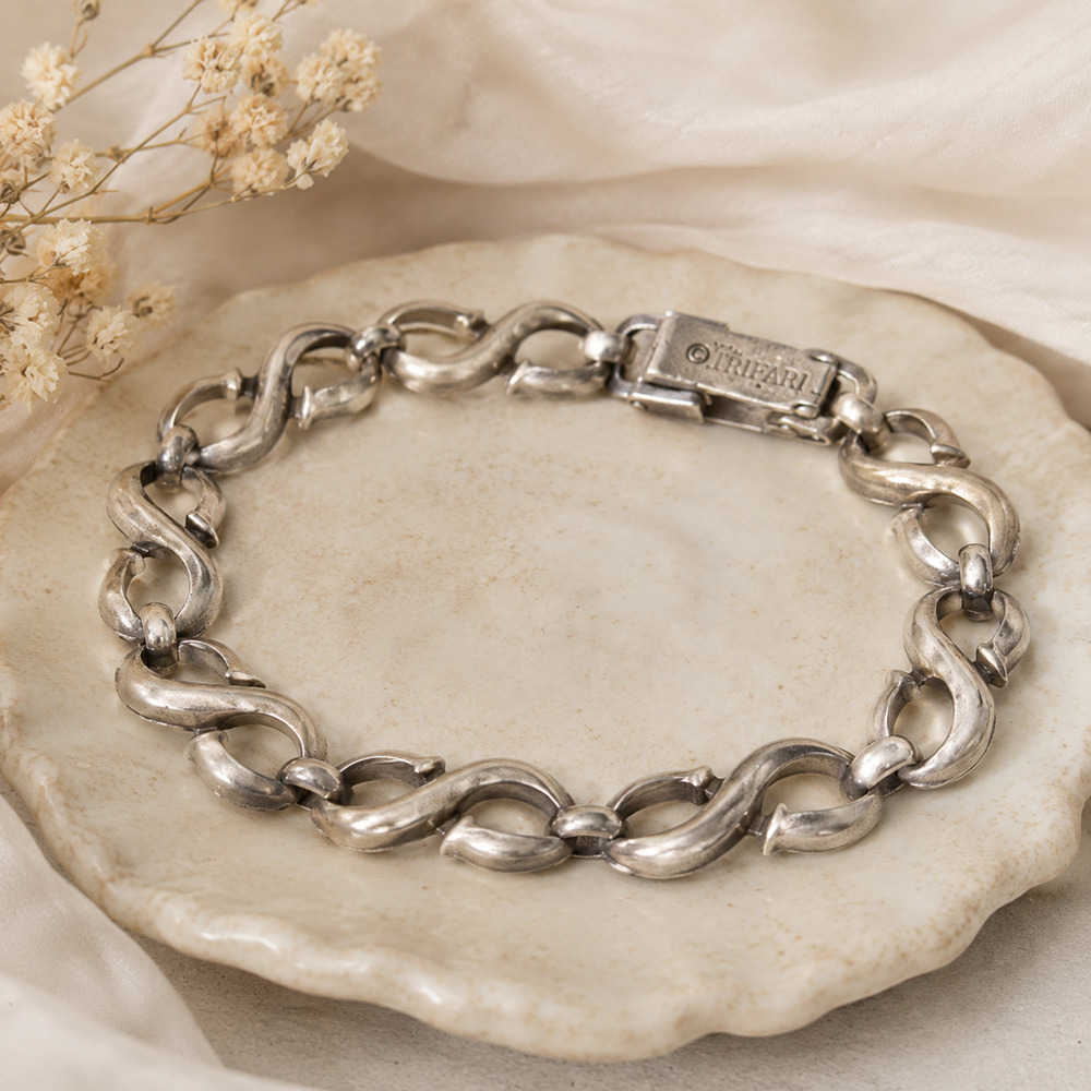 Vintage Trifari Pat Pending Silver Tone Link Bracelet Chic Mid Century Modern 7"